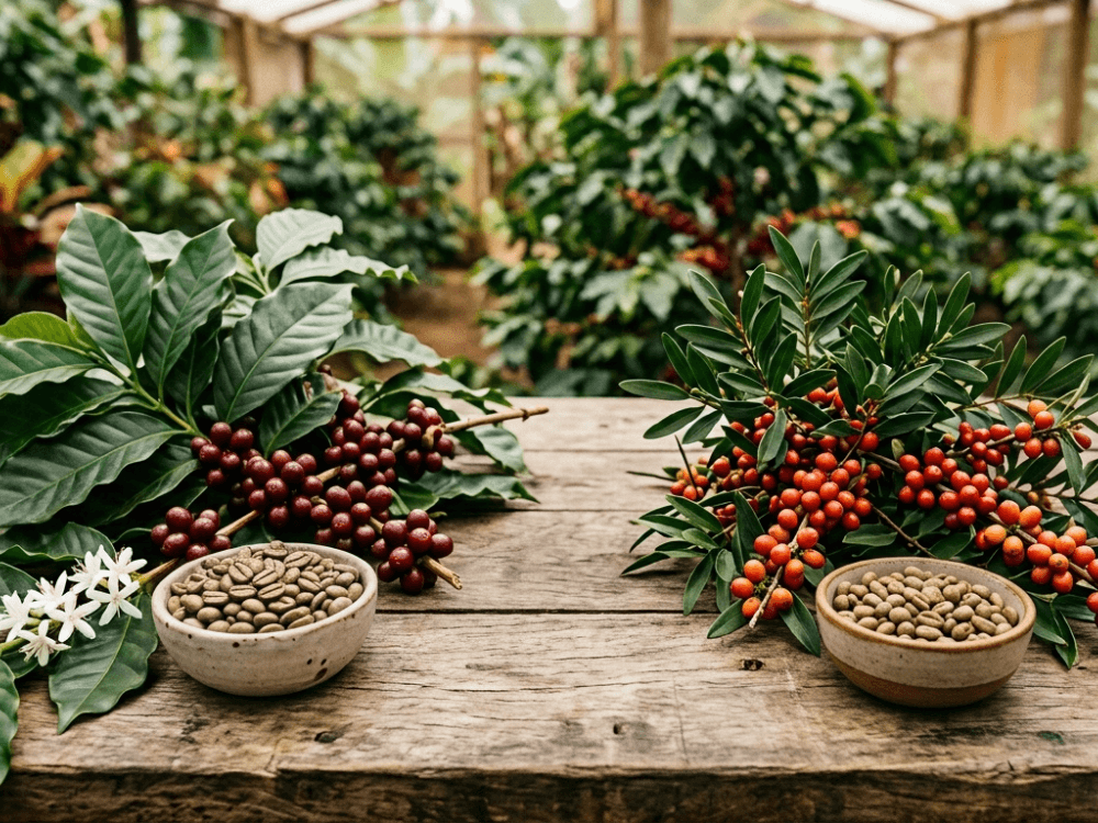 Zrna arabiky v porovnání s druhem Coffea Eugenioides. Rozdílnost mezi rostlinami, listy a plody.