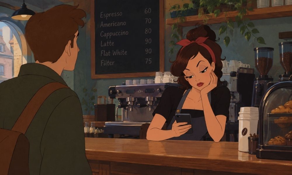 Barista kouká do telefonu.
